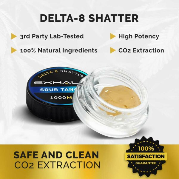delta-8 shatter 3rd party lab tested high potency 100% natural ingredients co2 extraction safe and clean