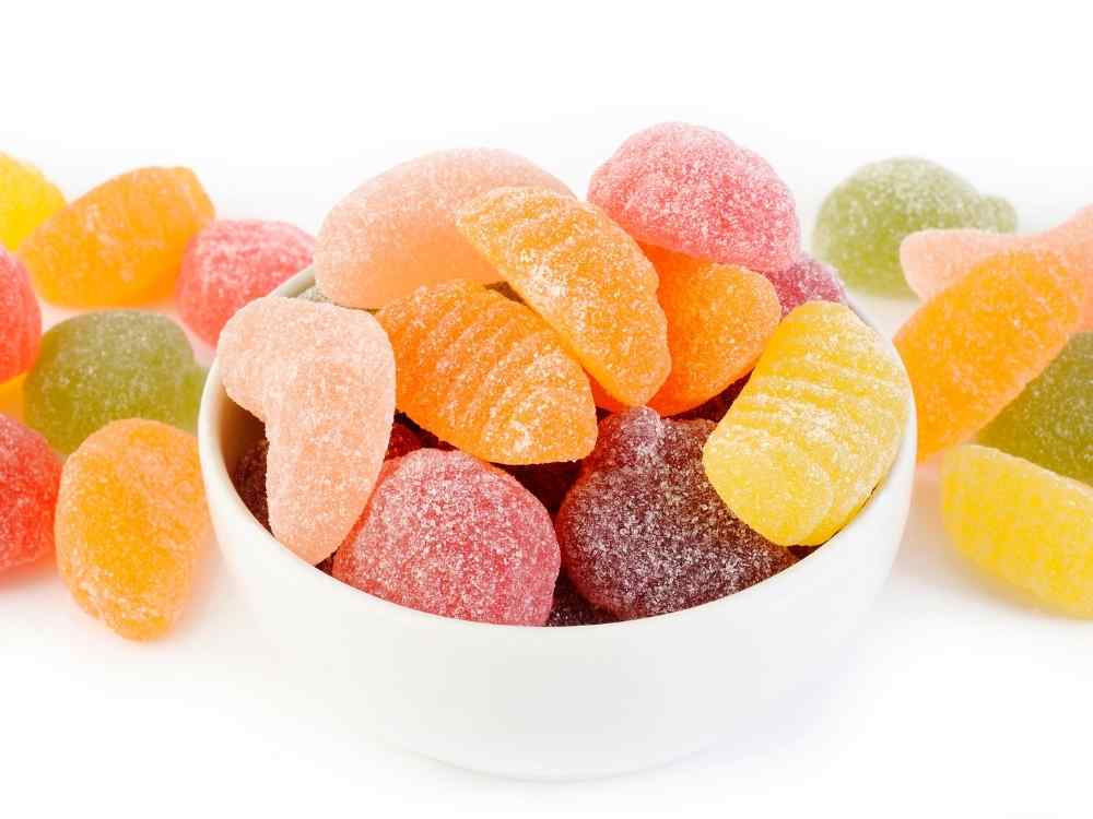 bowl of sugary fruit gummy candy