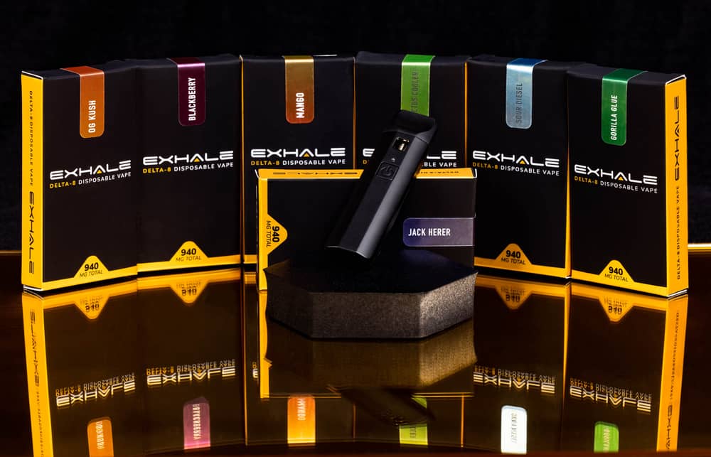 exhale d8 display of disposable vape pens