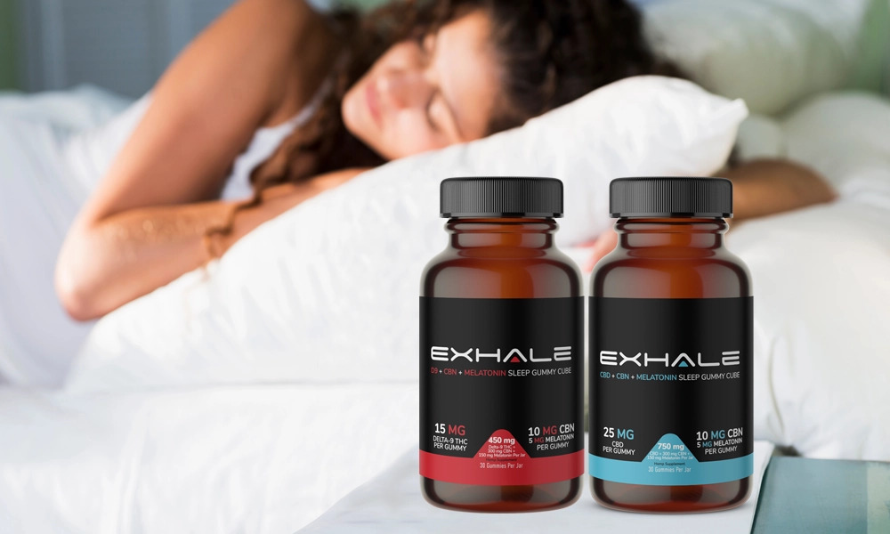 woman sleeping next to exhale wellness sleep gummies