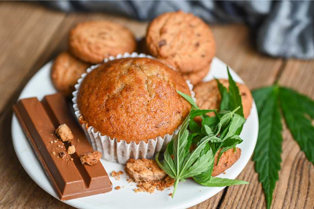 cannabis edibles on plate with cannabis leaves