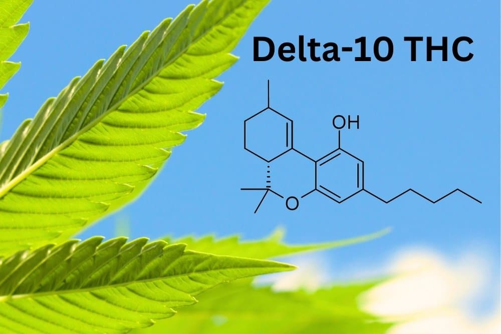 delta 10 thc chemical structure green cannabis leaf sky background