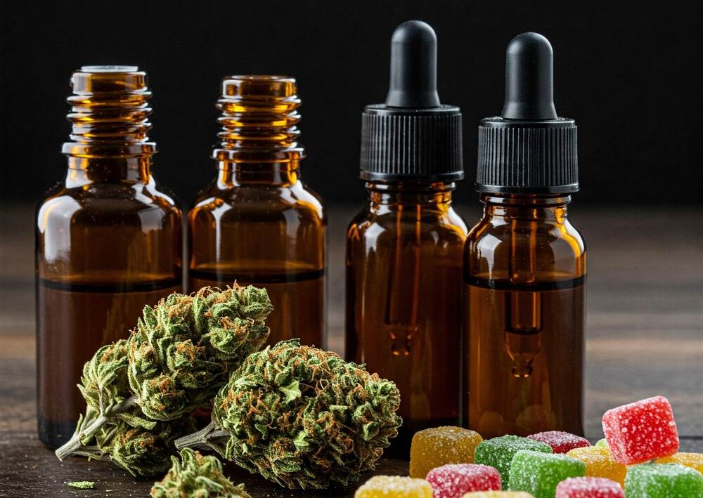 four oil bottles cannabis buds and gummies
