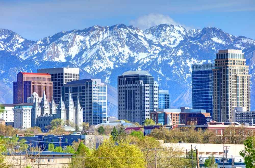 wide shot of salt lake city with mountains daytime