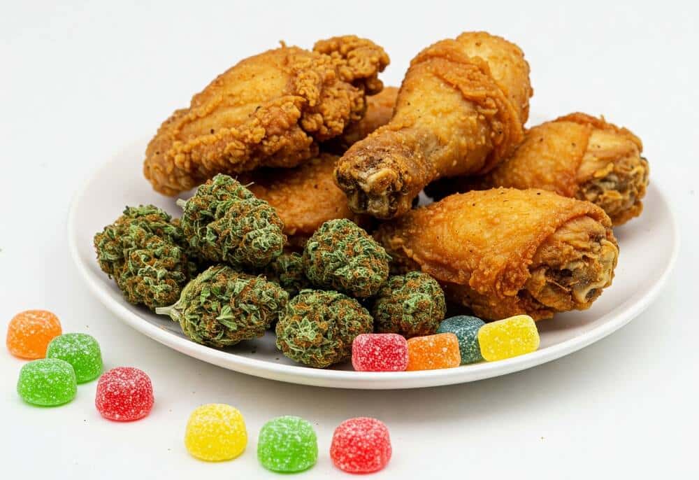 plate of fried chicken with delta 8 flower and gummies