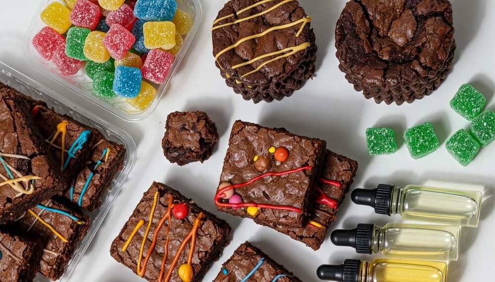 overhead shot of various cannabis edibles