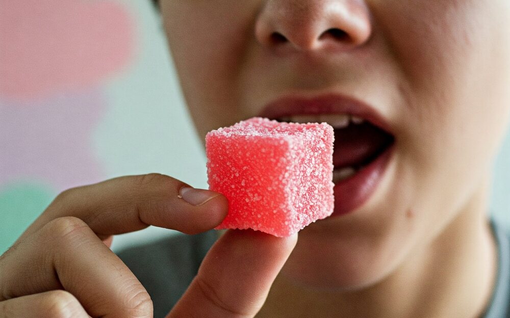 person eating pink gummy cube