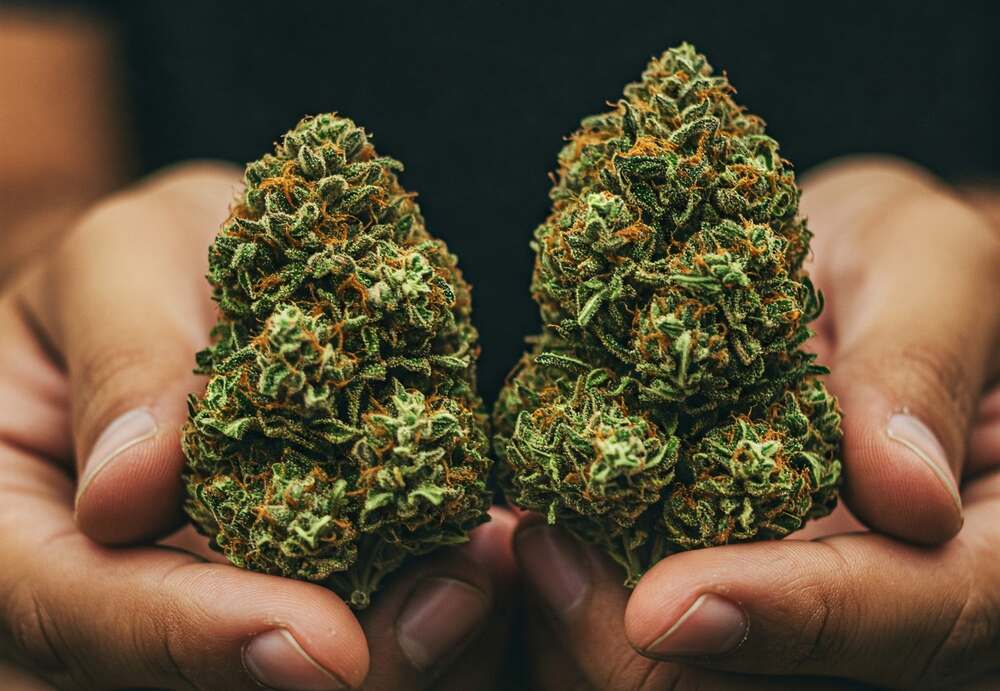 person holding two big cannabis nugs closeup