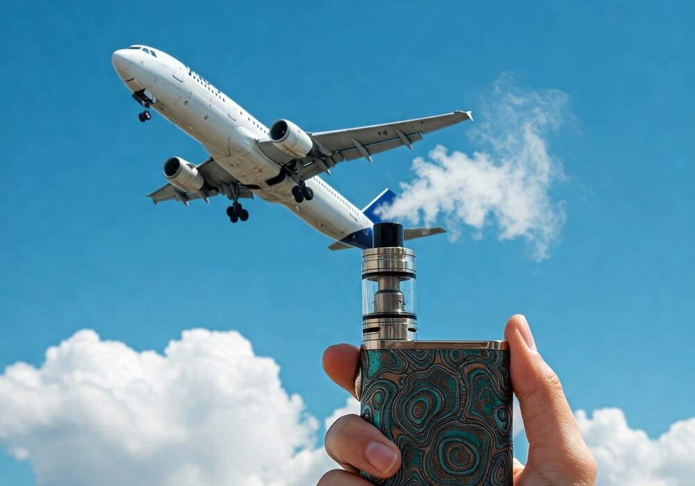 person holding vape with plane flying in background