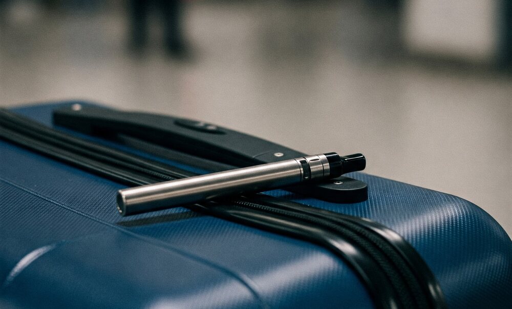 vape pen on top of carry on suitcase