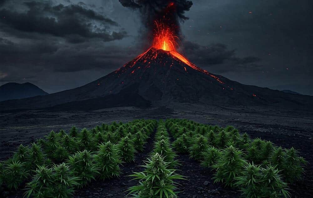 volcano erupting with cannabis field in foreground