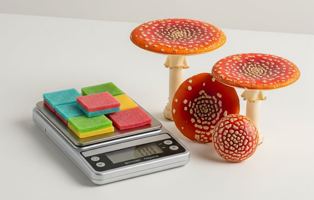 amanita muscaria gummies on digital scale next to mushrooms