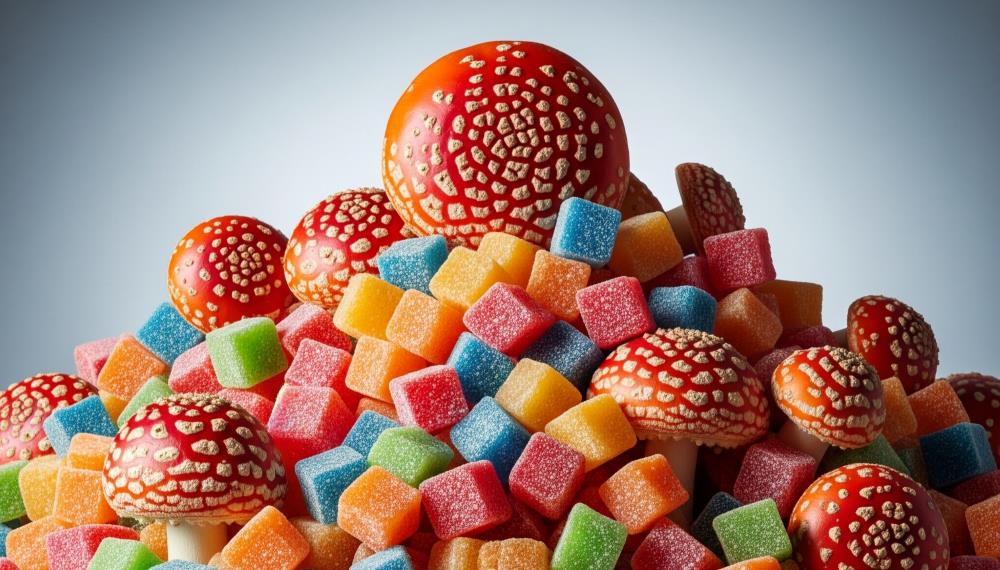 amanita muscaria mushrooms in a pile of gummy cubes