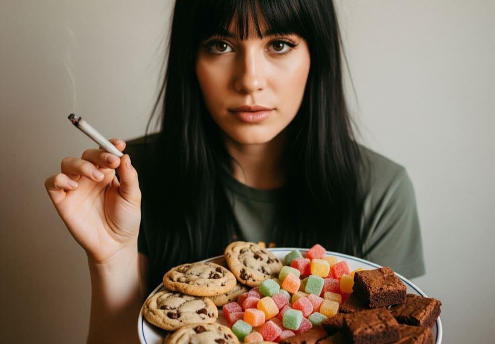 brunette with bangs holding a joint and plate of cannabis edibles