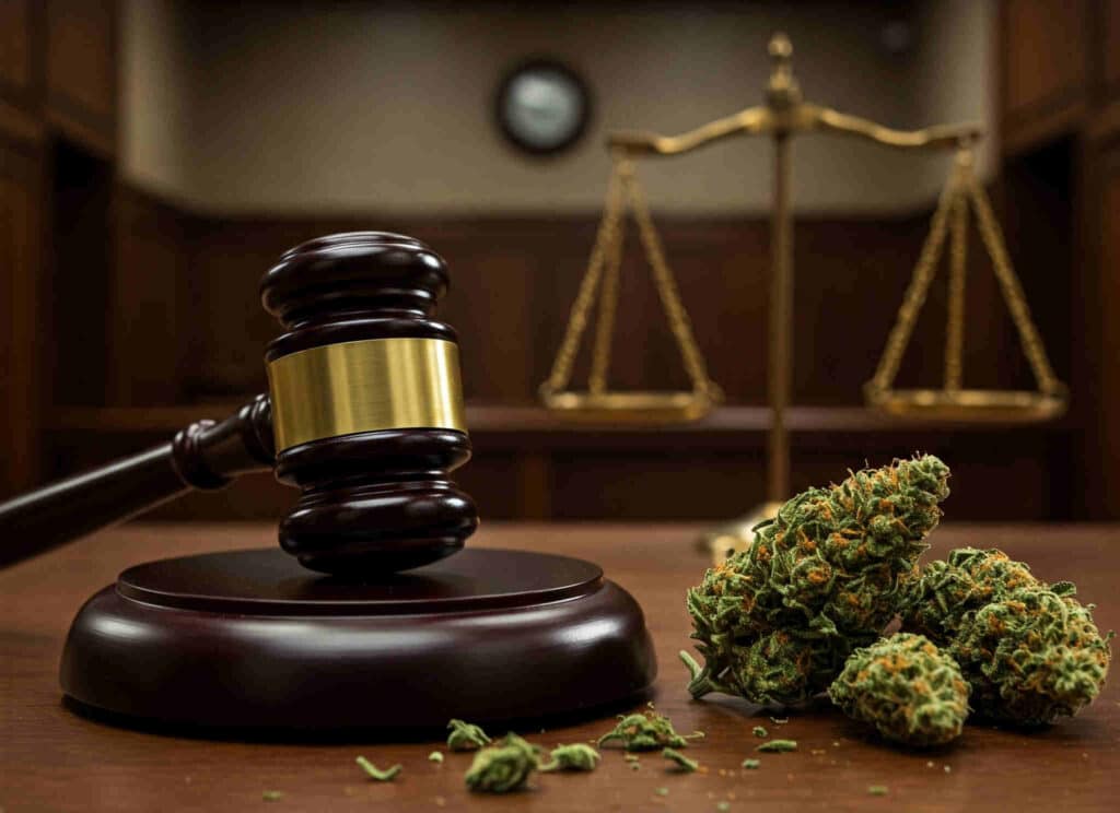 cannabis buds on table next to law scale and gavel