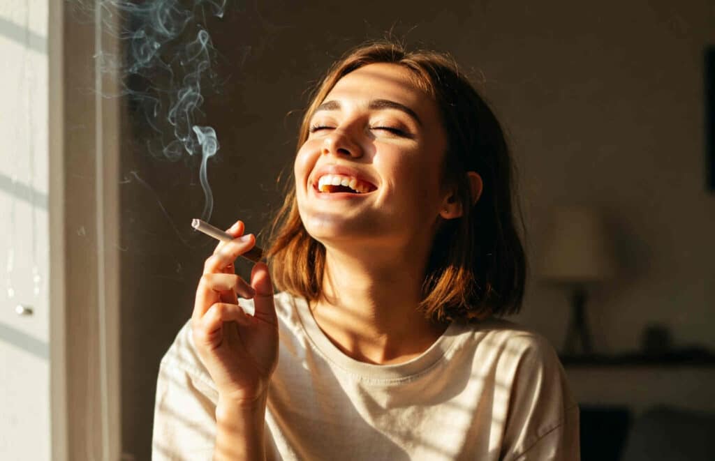 happy woman enjoying delta 9 joint by window