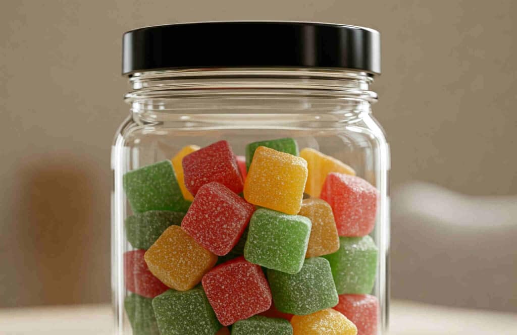 jar of gummy cubes with a black lid