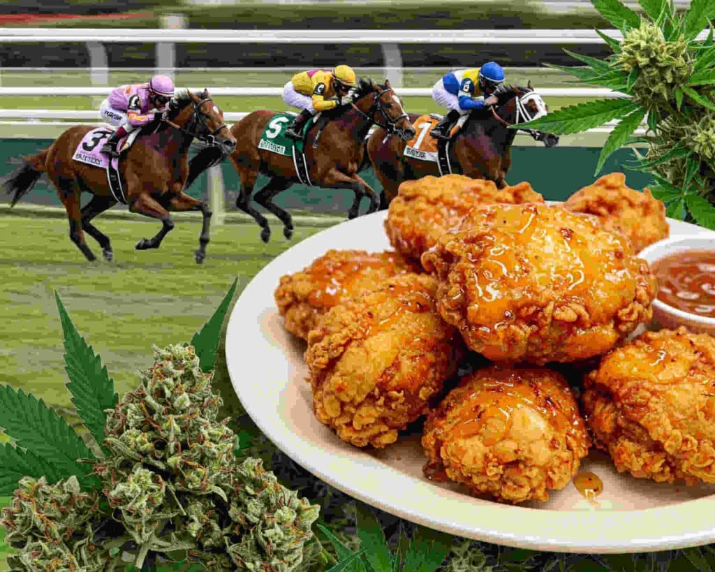 kentucky horse race fried chicken and cannabis collage