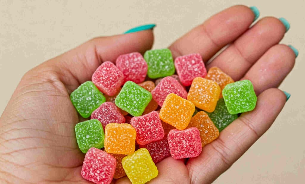 open palm holding gummy cubes