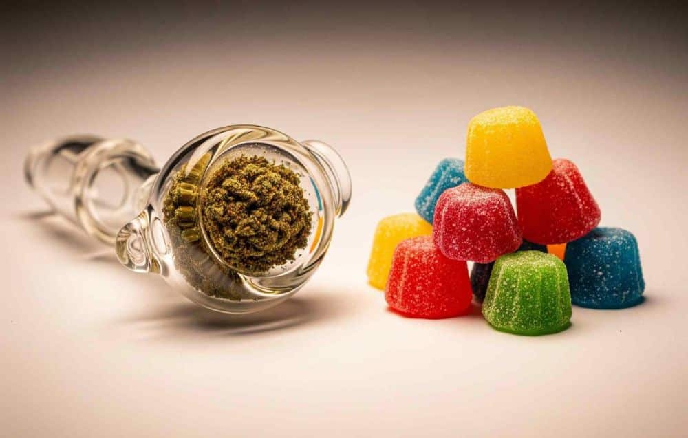 packed cannabis pipe and pile of gummies