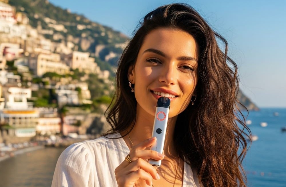brunette holding vape along amalfi coast