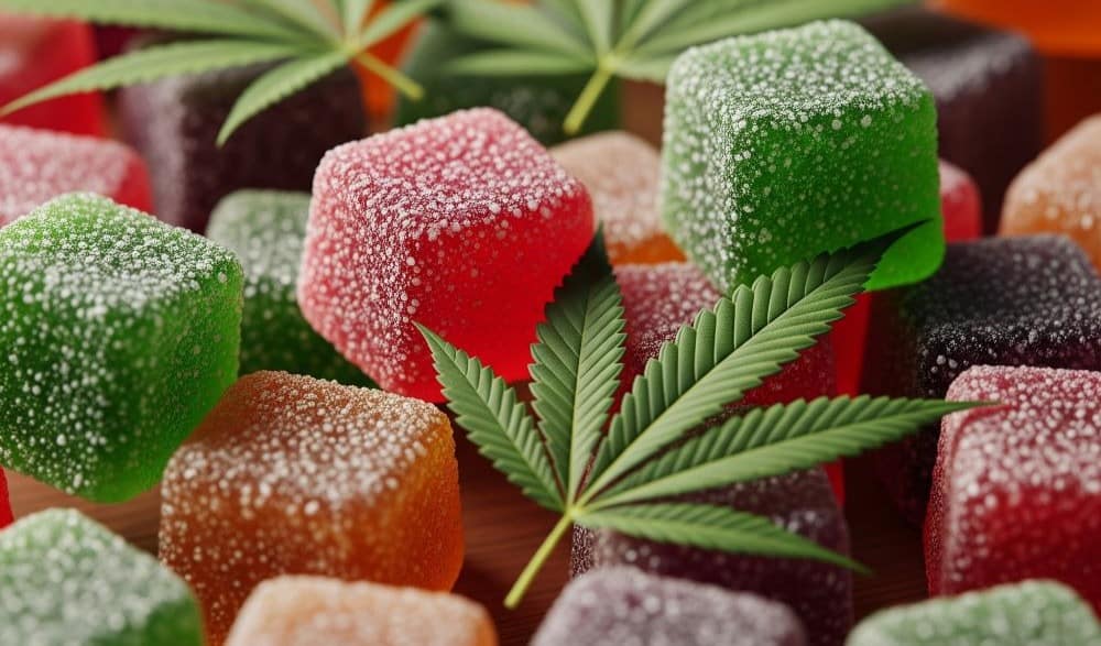 closeup pile of cannabis gummies with cannabis leaf on top