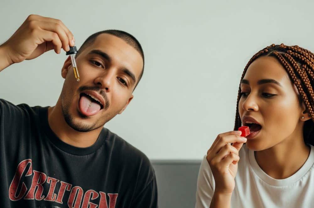 man taking tincture woman eating red gummy cube