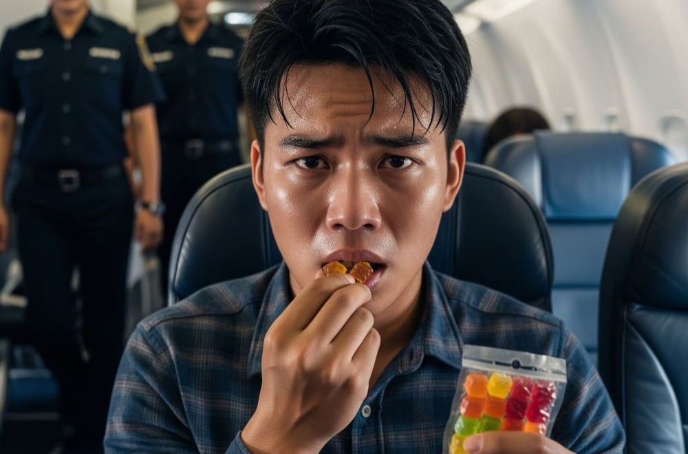 nervous passenger on plane eating gummies with officers in background