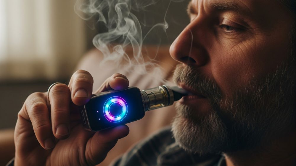old man vaping a bulky blinker pen
