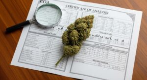 certificate of analysis coa with fat cannabis bud on top