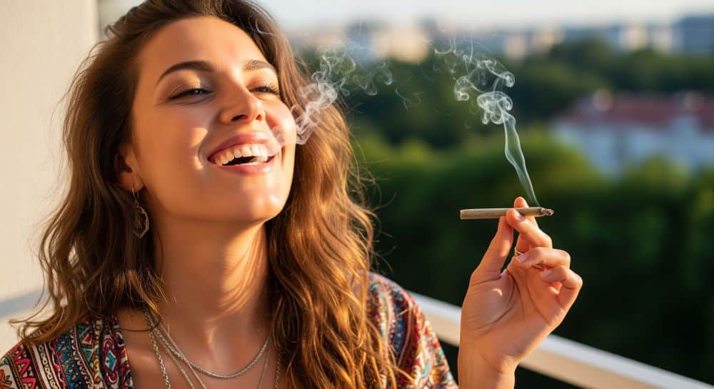 happy woman smoking sativa joint
