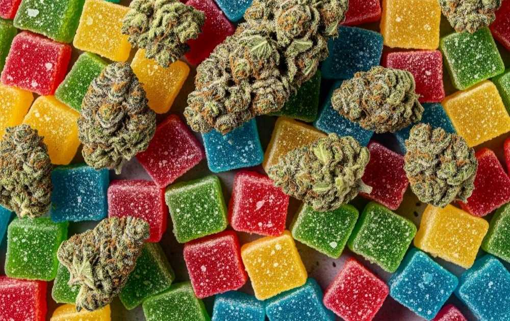 overhead shot several thc gummies with flower nuggets scattered throughout