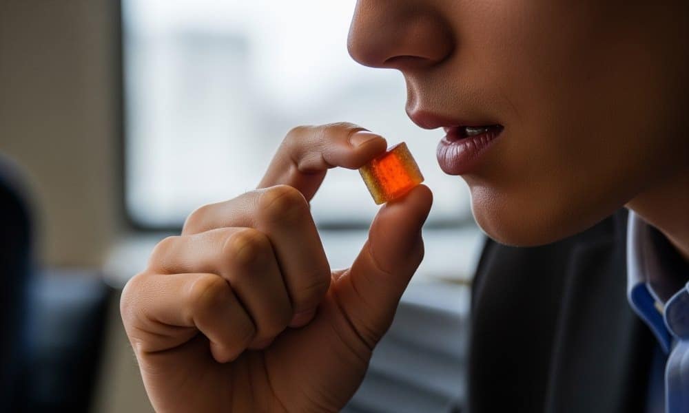 person eating orange gummy cube discreetly