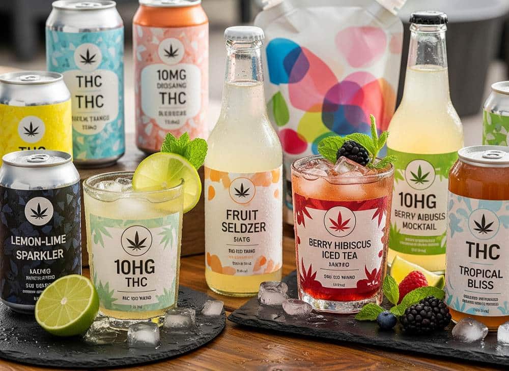 several thc infused drinks lined up
