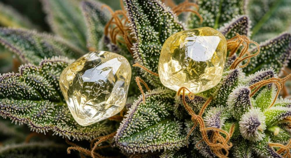 thc diamonds on top of cannabis bud closeup
