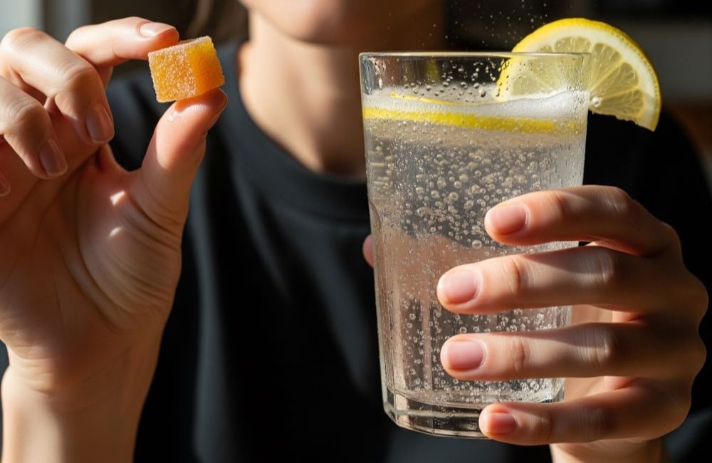 woman holding thc gummy and thc drink