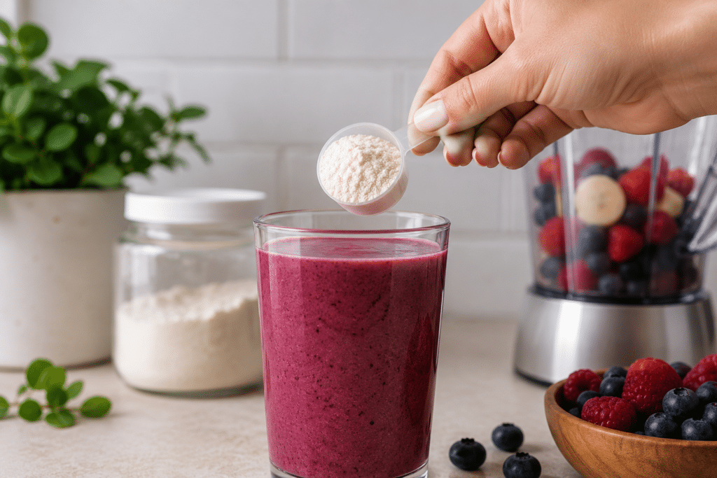 Adding powder to berry smoothie