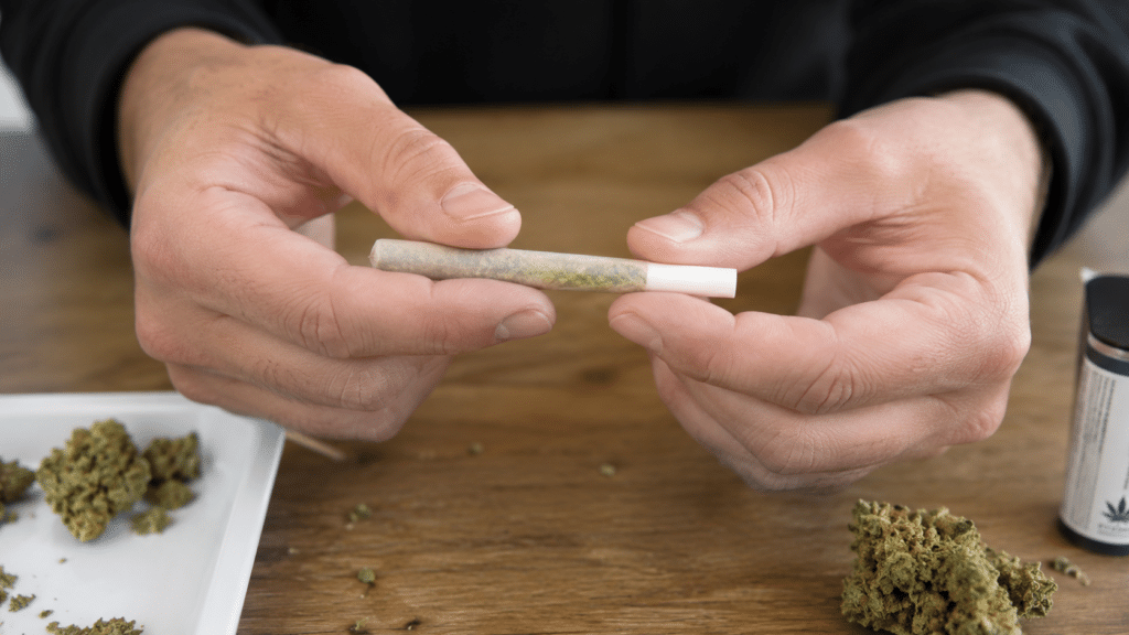 Rolling a joint on wooden table