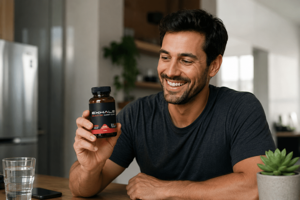 Smiling man showing delta-9 gummy bottle